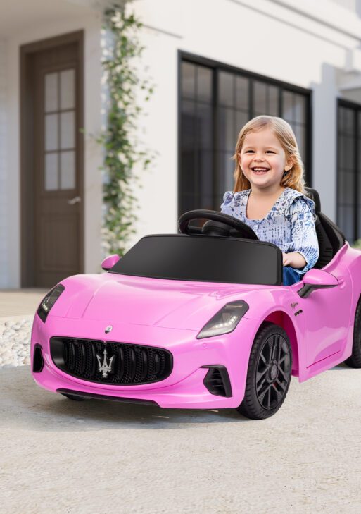 Maserati Gran Turismo Licensed 12V Kids Electric Car w/ Remote Control, Soft Start, LED Lights, Music, Horn, Pink