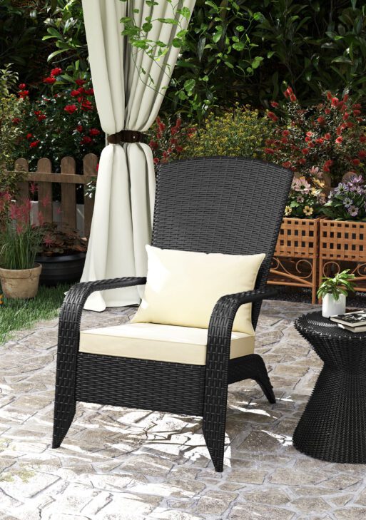 Patio Wicker Adirondack Chair, Outdoor Rattan Fire Pit Chairs w/ Soft Cushions, Tall Backrest, Tilted Seat, Cream White