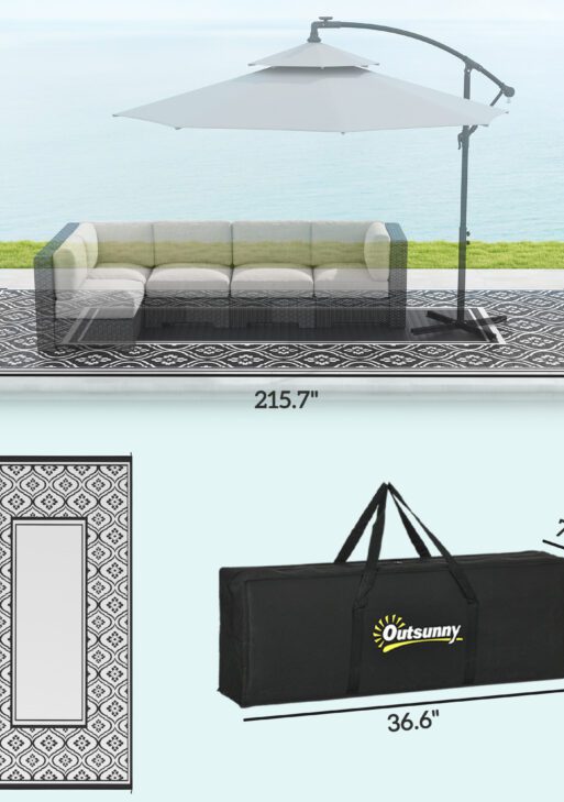 Reversible Outdoor Rug, Waterproof Plastic Straw with Carry Bag, 9' x 18', Black & White Gourd Border