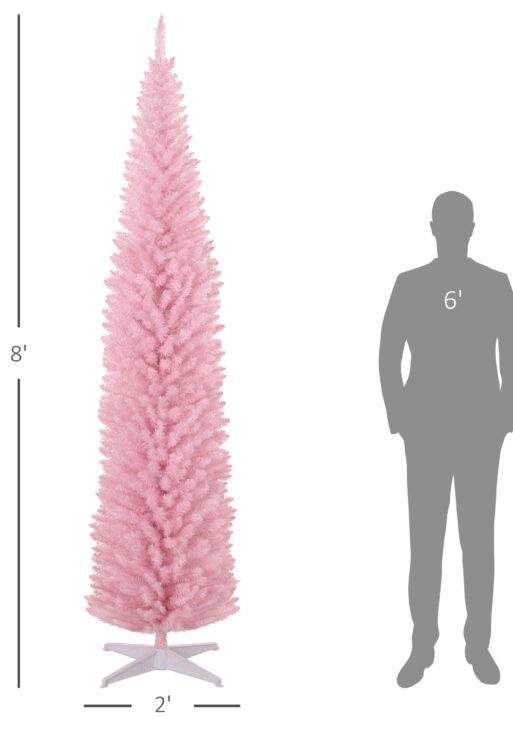 8ft Unlit Pencil Artificial Christmas Tree with Realistic Branches and 618 Tips, Plastic Base, Pink