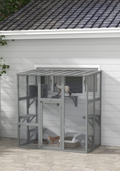 Catio Outdoor Cat Enclosure, Window Box Wooden Cat House with Bridge Platforms, Gray