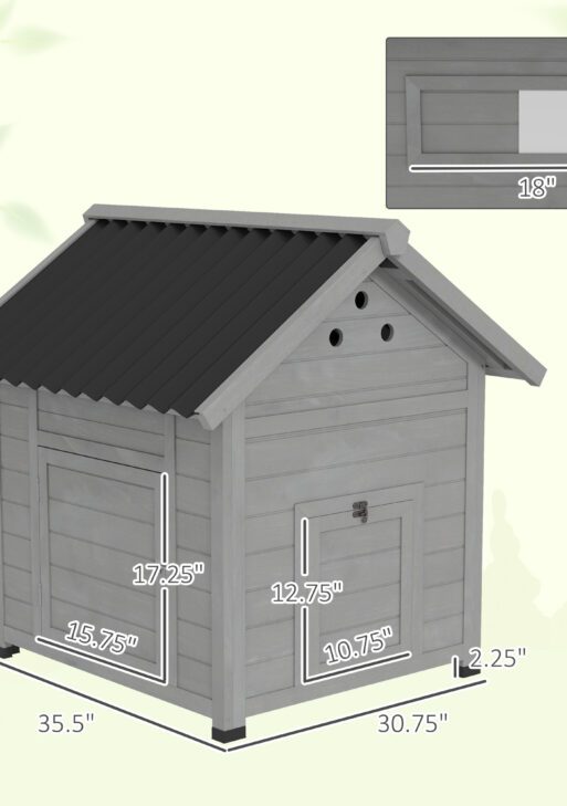 Duck Coop, Wooden Duck House with Openable Roof & Double Doors, Light Gray