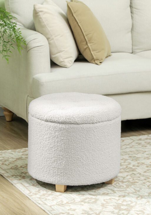 18" Round Ottoman with Storage, Teddy Fleece Button Tufted Foot Stool with Lid, Wood Legs for Living Room Hallway, White