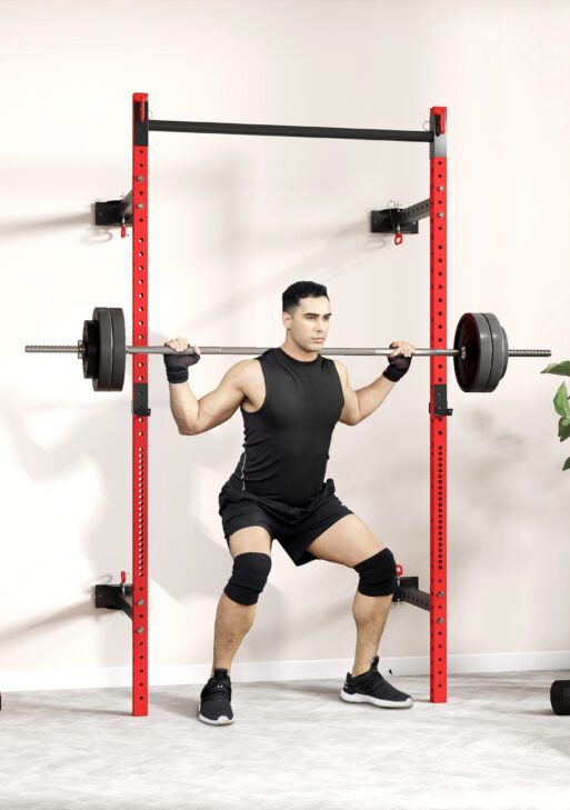 Folding Squat Rack with Pull Up Bar, Wall Mounted and Adjustable, 1000 Pounds Capacity Power Rack, Red