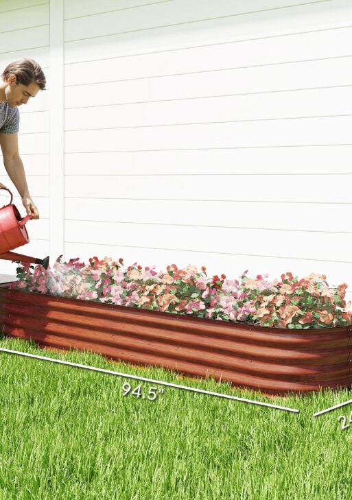 7.9' x 2' x 1' Galvanized Raised Garden Bed Kit, Metal Planter Box with Safety Edging, Brown