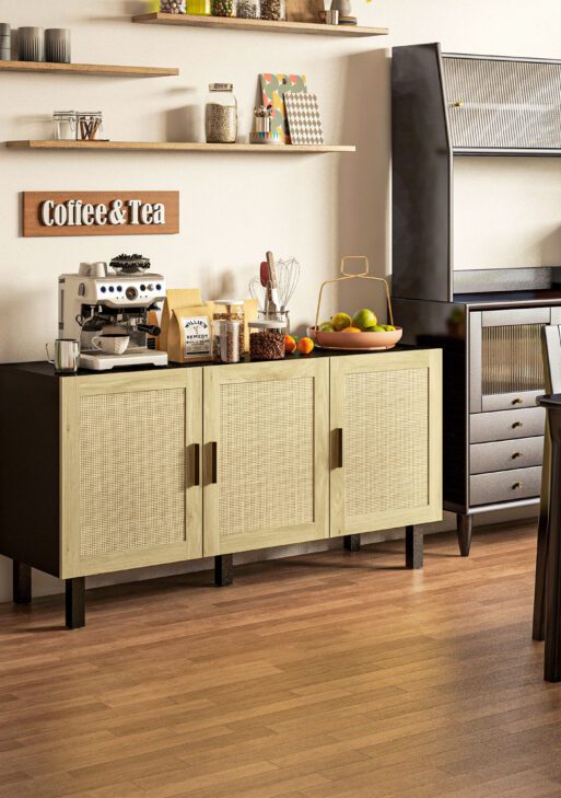 Boho Kitchen Cabinet, Buffet Cabinet with 3 Rattan Doors and Adjustable Shelves for Dining Room, Black and Natural