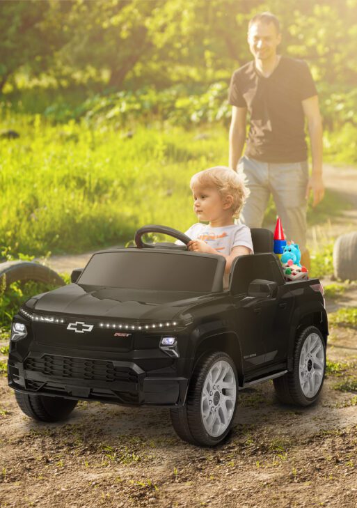 12V Chevrolet Silverado EV RST Licensed Kids Electric Car with Parent Remote Control, Spring Suspension, Black