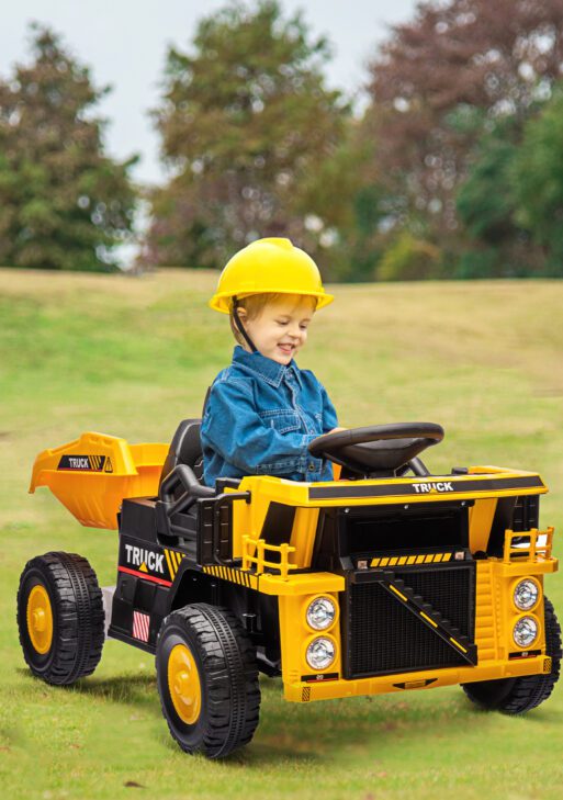 12V Kids Ride on Dump Truck, Electric UTV w/ Electric Dump Bed, Shovel Spring Suspension & Music Player