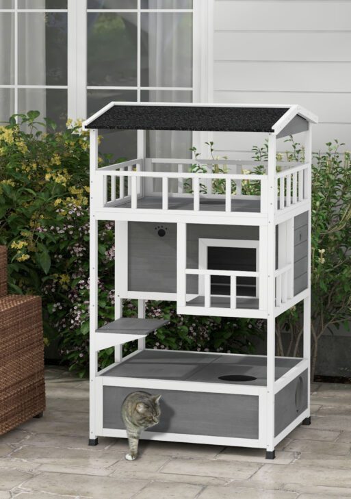 Wooden Outdoor Cat House with Asphalt Roof, Escape Doors, Condo, Jumping Platform, Light Gray