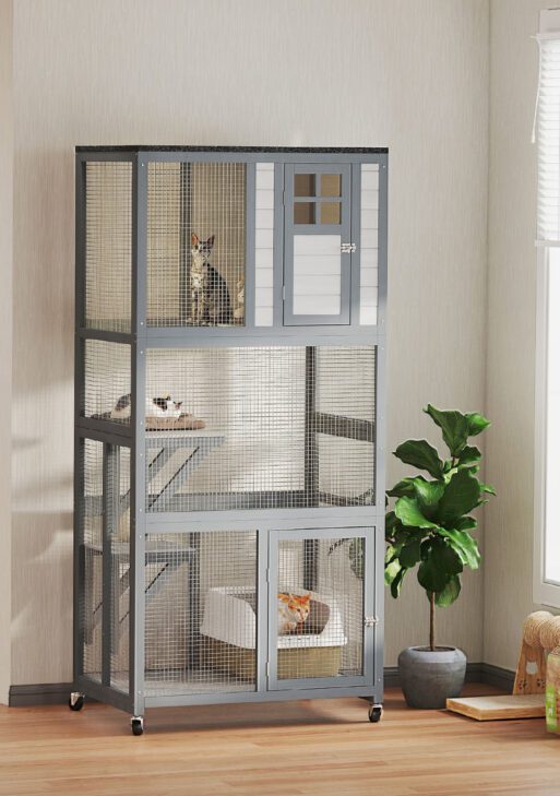 74" Wooden Outdoor Cat House Catio with High Weight Capacity, Cat Cage Condo, Dark Gray
