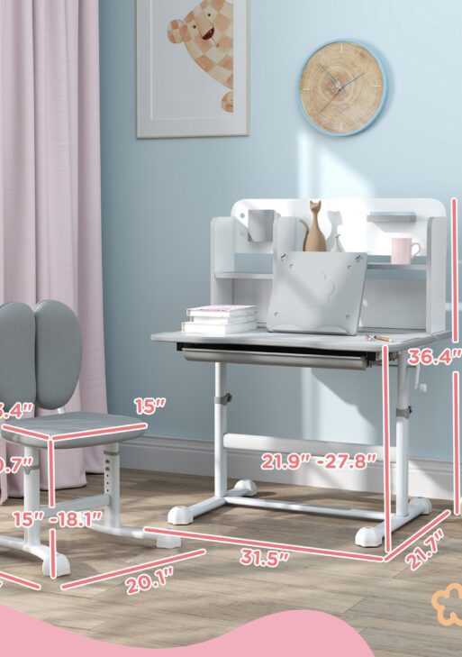 Height Adjustable Kids Desk and Chair Set for Writing Drawing w/ Tilt Desktop, Storage Drawer and Reading Rack, Gray
