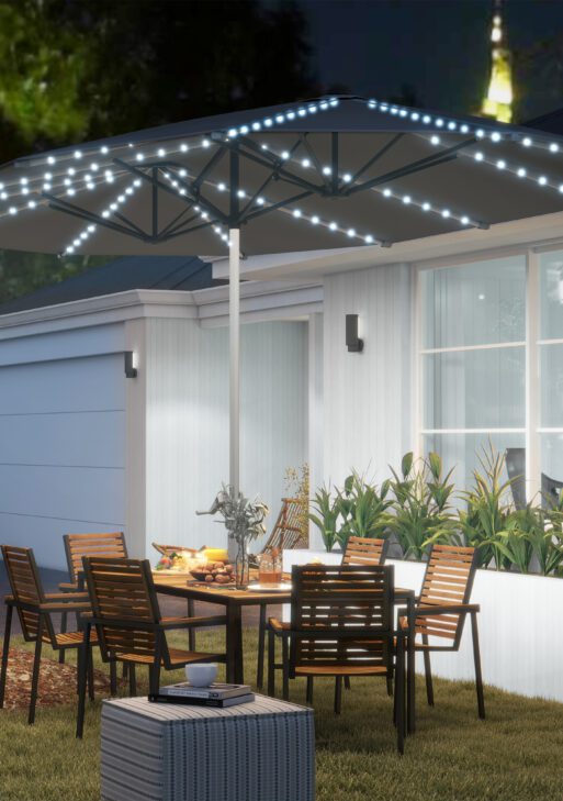 15ft Double-Sided Outdoor Umbrella with Solar Lights, UPF50+ Extra Large Aluminum Patio Umbrella with Crank, Dark Gray