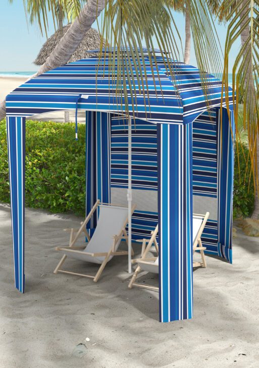 5.8' x 5.8' Cabana Umbrella for Travel, Walls, Vents, Ruffles, Carry Bag, Beach Umbrella, Blue Stripe