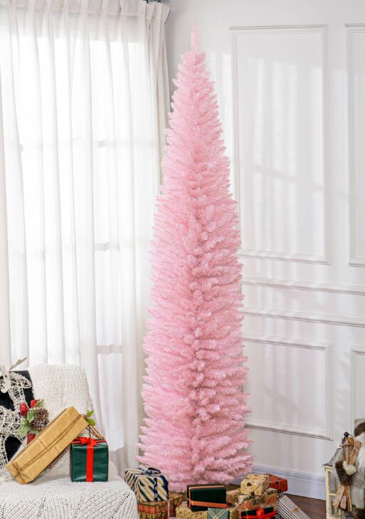 8ft Unlit Pencil Artificial Christmas Tree with Realistic Branches and 618 Tips, Plastic Base, Pink