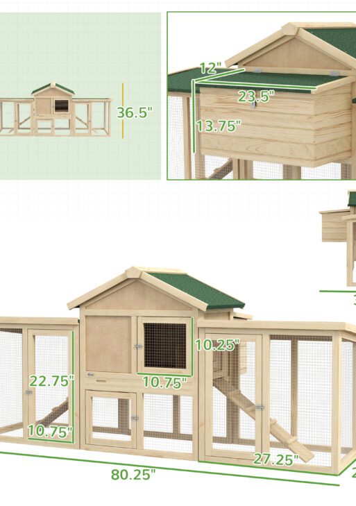 Wooden Chicken Coop ith Nesting Box, Double Runs, Removable Tray, Ramps, for Garden Backyard