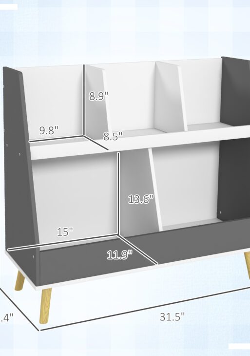2 Tier Kids Bookcase Toy Shelf with 5 Compartments, Anti-tip Device for Nursery, Playroom, Gray