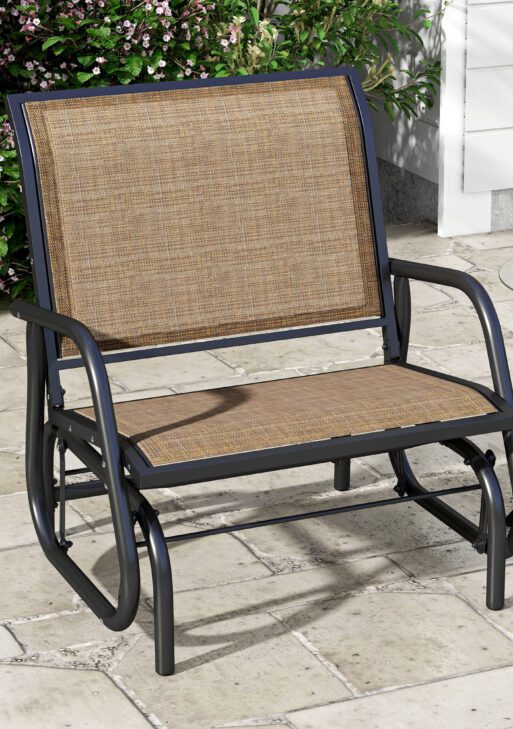 Outdoor Glider Chair, Steel Swing Chai with Curved Armrests for Porch, Garden, Poolside, Balcony, Brown