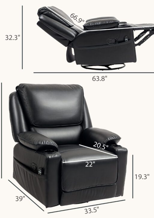 Recliner Massage Armchair with Heat Oversized Swivel Rocker with Footrest Remote and Side Pockets Black