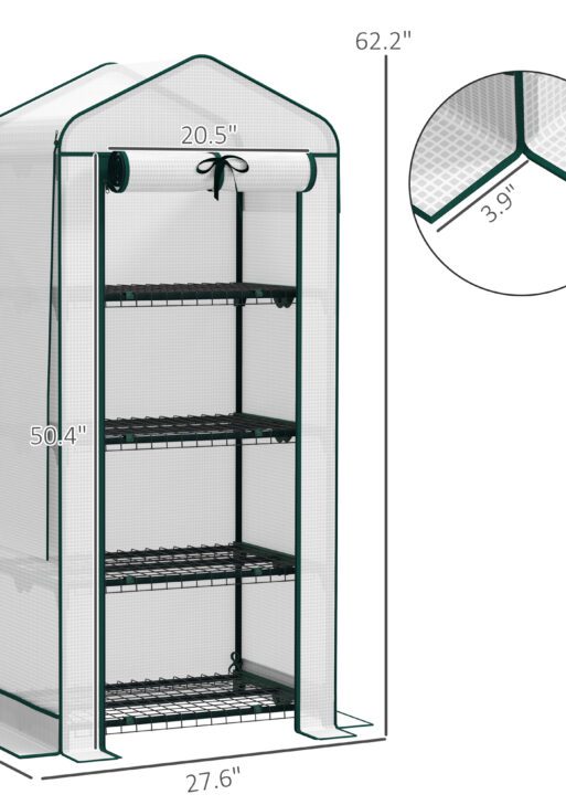 Mini Greenhouse with Screen Roof, 4 Tier Portable Small Greenhouse with High Strength PE Cover, White