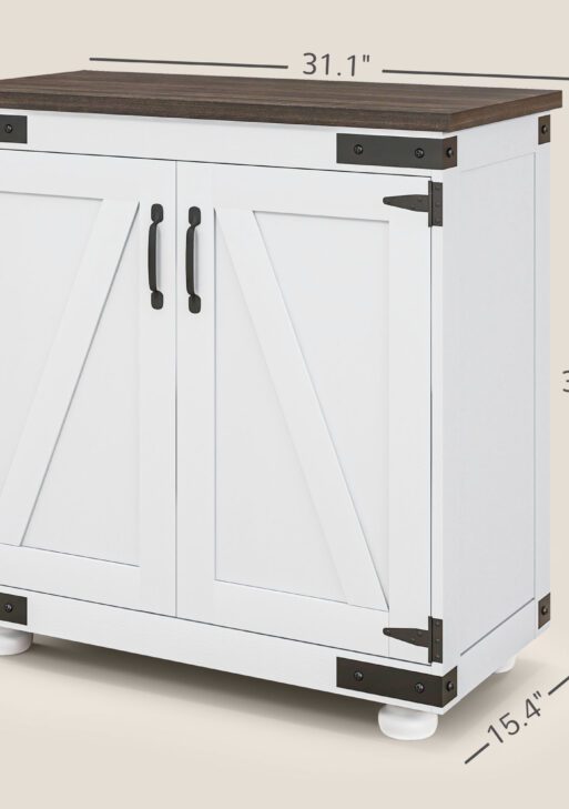 Kitchen Sideboard, Buffet Cabinet with Barn Door and Adjustable Shelf, Distressed White and Brown
