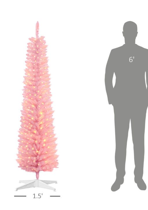 6' Prelit Christmas Trees, Pencil Artificial Christmas Tree with Colorful Surface Branches, Colorful LED Lights, Pink