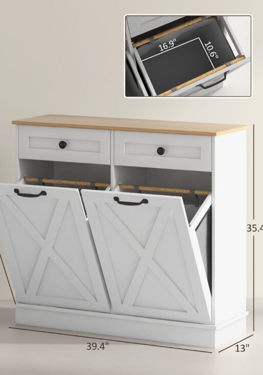 Tilt Out Laundry Hamper Cabinet, Bathroom Storage Cabinet with 2 Removable Baskets and 2 Drawers, White