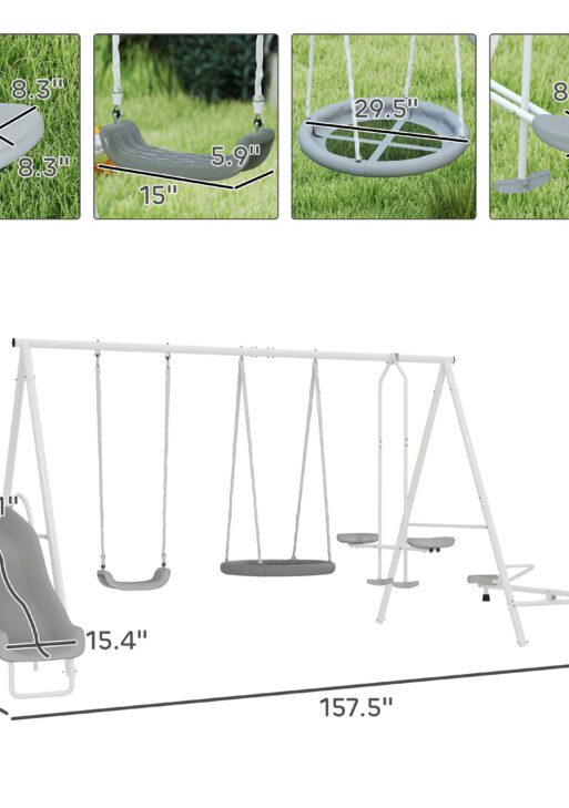 5 in 1 Kids Swing Set for Backyard with Heavy-Duty A-Frame Stand, Saucer Swing, Slide, Seesaw, Glider, Swing Seat, Gray