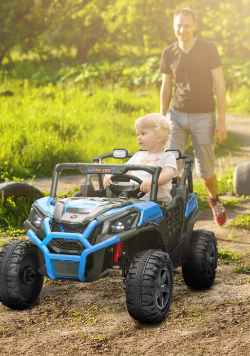 2 Seater 24V Kids Electric Car w/ Remote Control, 3 Speed, LED Lights, Music, Horn, Spring Suspension, Slow Start, Blue