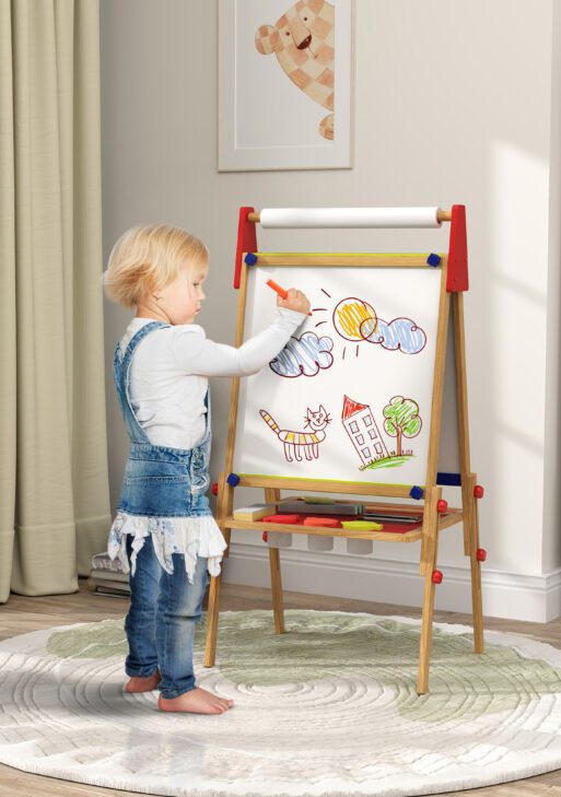 3 in 1 Easel for Kids with Paper Roll, Whiteboard, Chalkboard, Double Sided & Adjustable Height, Nature Wood
