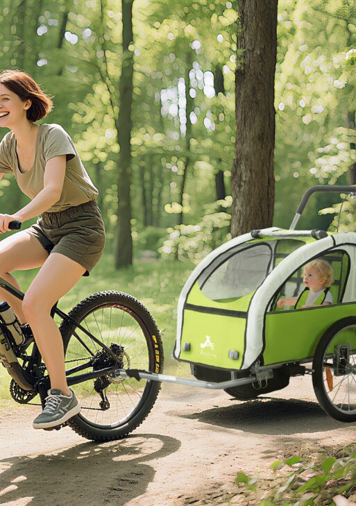 2-Seat Elite 360 Swivel Bike Trailer for Kids Bicycle Cargo Trailer with Water-Resistant Windows, Green and White