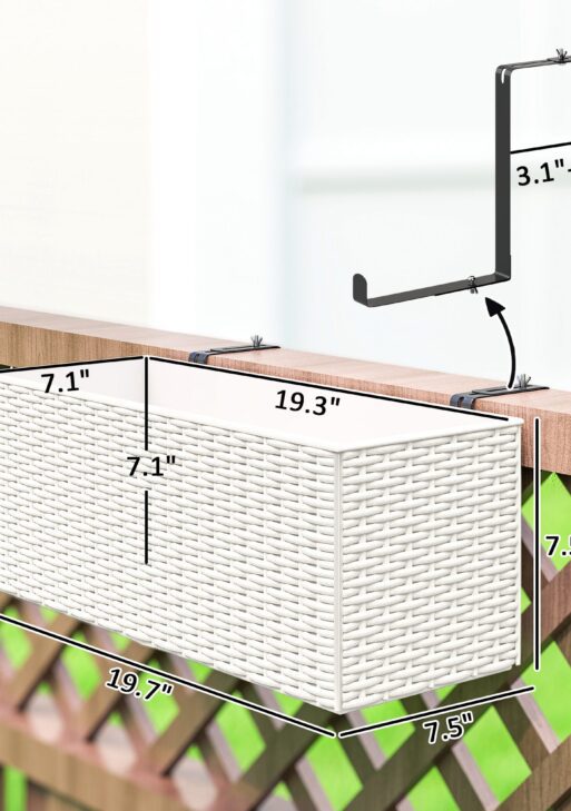 2 Pack 20 Inch Railing Flower Pots, Hanging Flower Pots with Hooks, Drainage Holes for Fence, Rattan Look, White