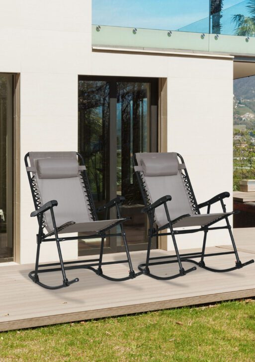Outdoor Rocking Chair Set of 2, Patio Folding Lawn Rocker Set with Headrests for Yard, Patio, Deck, Backyard, Gray