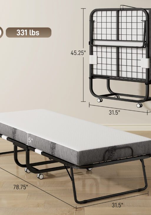 Folding Bed with Mattress for Adults, Single Size, Portable Foldable Bed with Memory Foam Mattress & Steel Frame, White