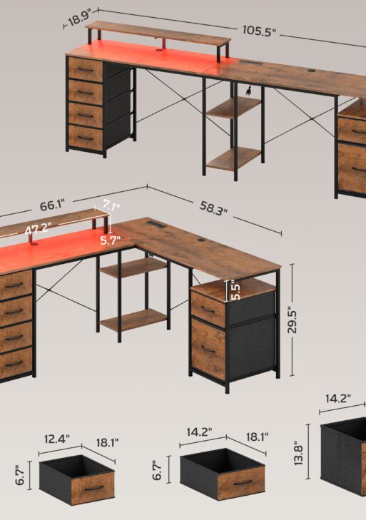 66" Reversible L Shaped Computer Desk, Corner Desk with File Drawer, Power Outlets and LED Lights, Rustic Brown