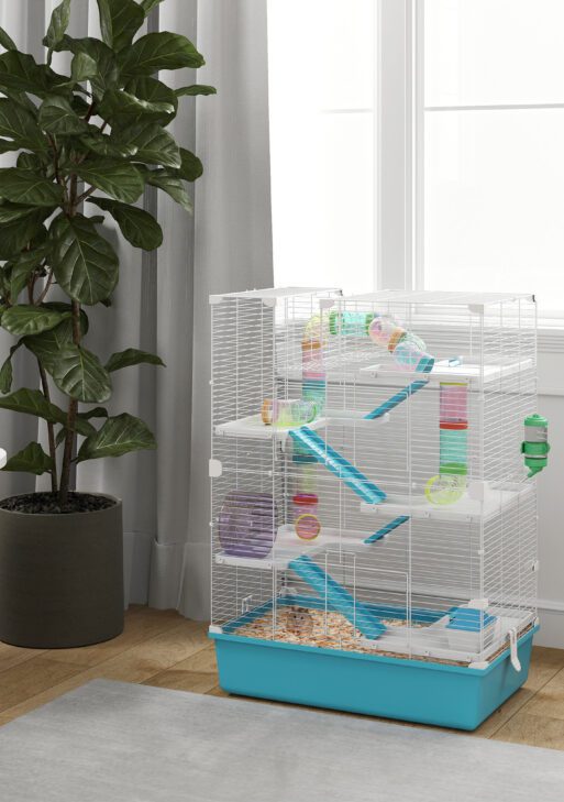 6 Tier Hamster Cage with Tubes and Tunnels, Hut, Wheel, Food Dish, Water Bottle, Ramps, for Dwarf & Gerbil, Light Blue