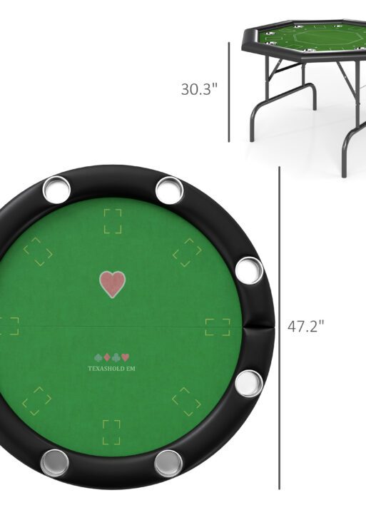 Poker Table Foldable 47" Round Casino Folding Game Table for 8 Players with Cup Holders, Green