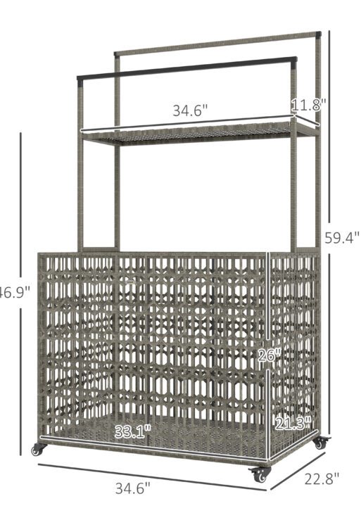 Wicker Pool Float Storage Organizer, PE Rattan Pool Float Holder with Basket Shelf Towel Bars, Rolling Pool Caddy for Floaties, Noodles, Life Vests, Beach Balls, Mixed-Gray