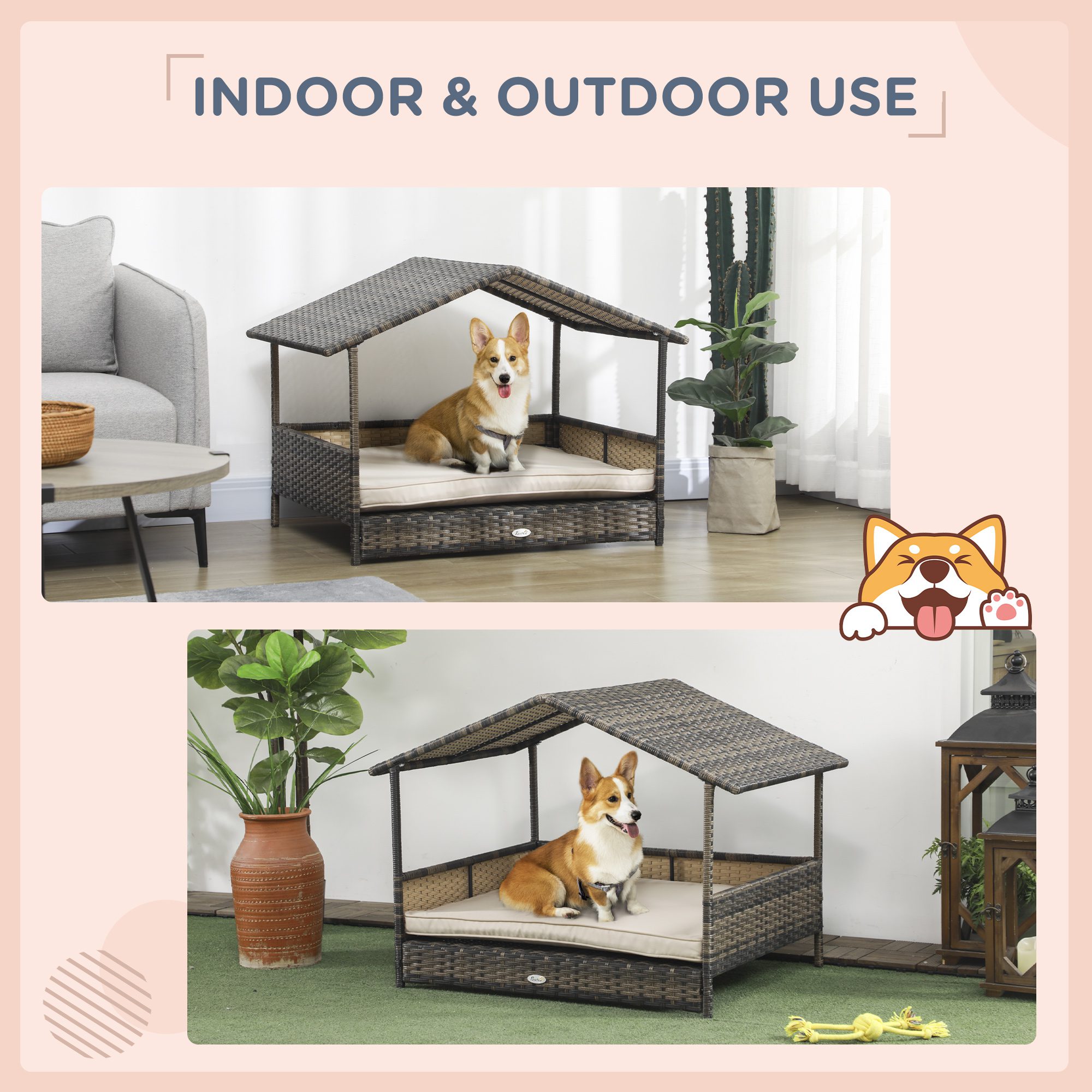 Wicker Dog House with Removable Cushion Lounge, Khaki - Image 2