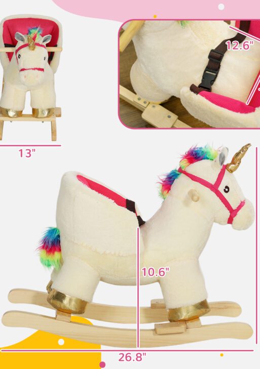 Kids Rocking Horse, Unicorn with Realistic Sound, Safety Belt & Wooden Base for 18-36 Months