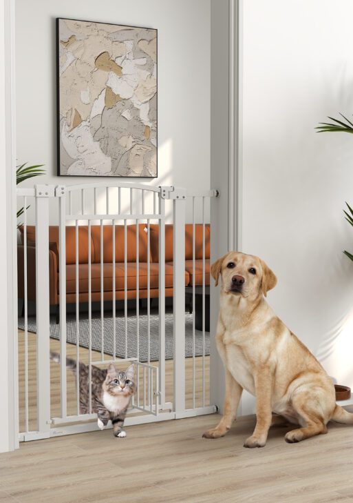 30"-41" Extra Wide Walk Through Dog Gate w/ Cat Door, 3-Inch & 5.5-Inch Extension Kits, 42" High