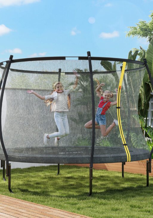 10ft Outdoor Trampoline with Net Enclosure, Curved Poles and Safety Pad, ASTM Approved, Black