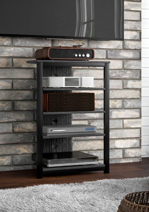 TV Stand, Entertainment Center with Storage Shelves and Steel Frame for Living Room, Black