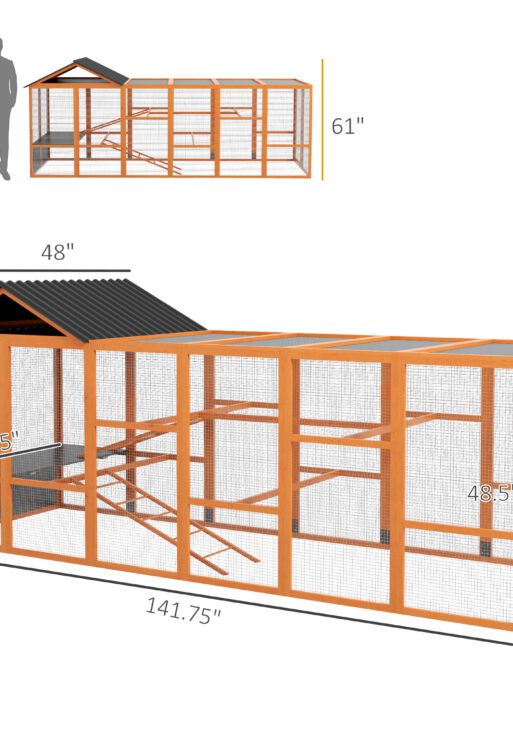 Wooden Chicken Coop Run for 6 - 10 Chickens, Hen House Add-On with Storage, Perches, 141.75" x 48" x 61", Orange