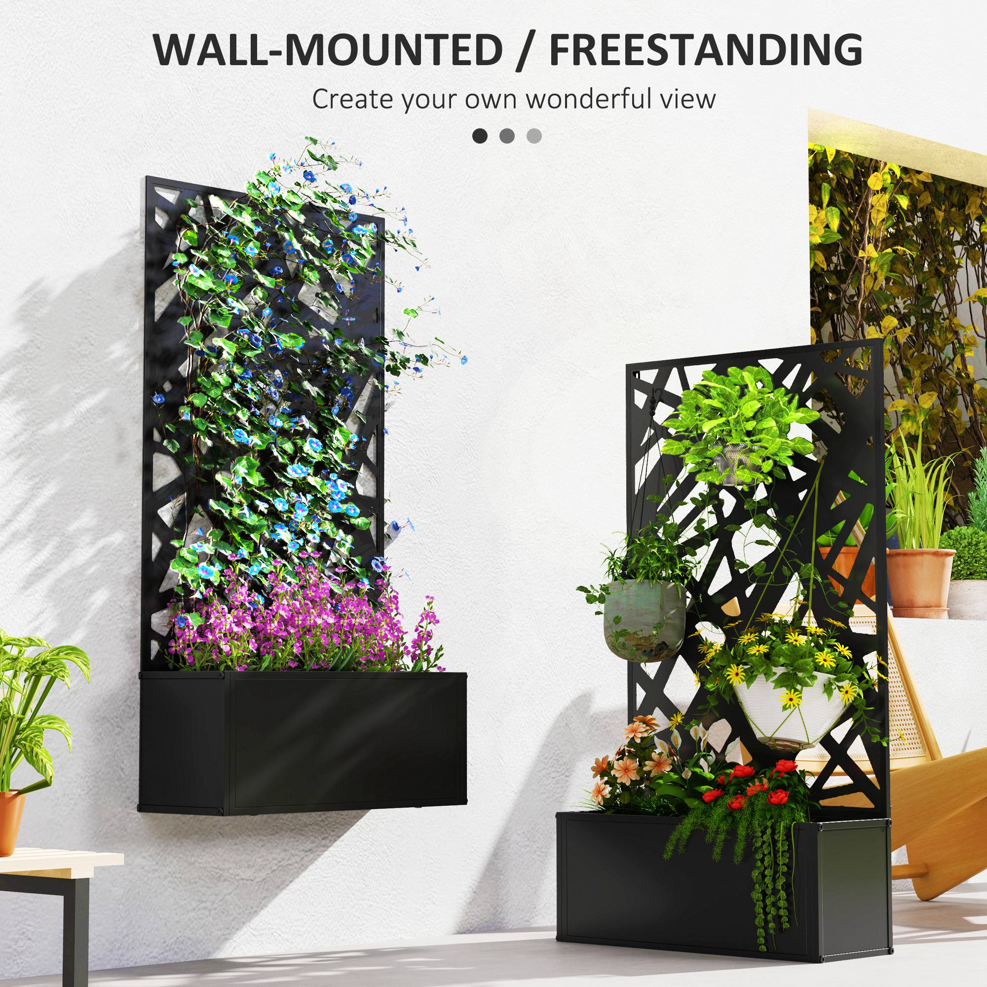 Metal Planter Box Raised Garden Bed with Decorative Privacy Screen, Wall-mounted or Freestanding, 24" x 9.1" x 44.5" - Image 2