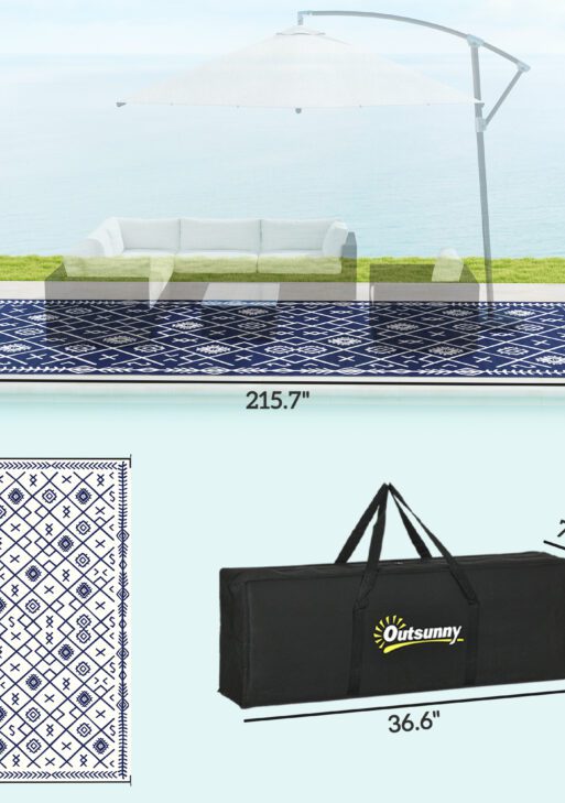 Reversible Outdoor Rug, Waterproof Plastic Straw with Carry Bag, 9' x 18', Blue & White Rhombus