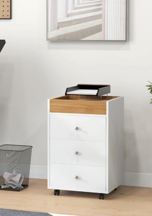 3 Drawer File Cabinet on Wheels Mobile Home Office Storage Cabinet with Top Tray Under Desk Printer Stand, White