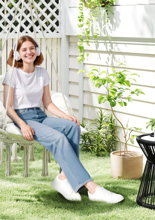 Hammock Swing Chair, Macrame Hanging Chair with Large Cushion, Chain, Steel Frame for Indoor Outdoor Use, Cream White