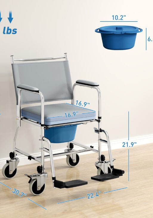 Rolling Shower Chair, Bedside Commode Wheelchair with Padded Seat, Backrest, for Seniors, Disabled, 300 lbs, Gray