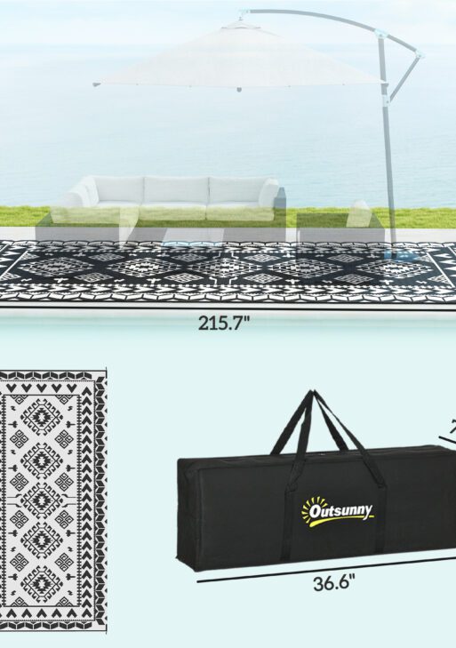 Reversible Outdoor Rug, Waterproof Plastic Straw with Carry Bag, 9' x 18', Black & White Rhombus Patchwork