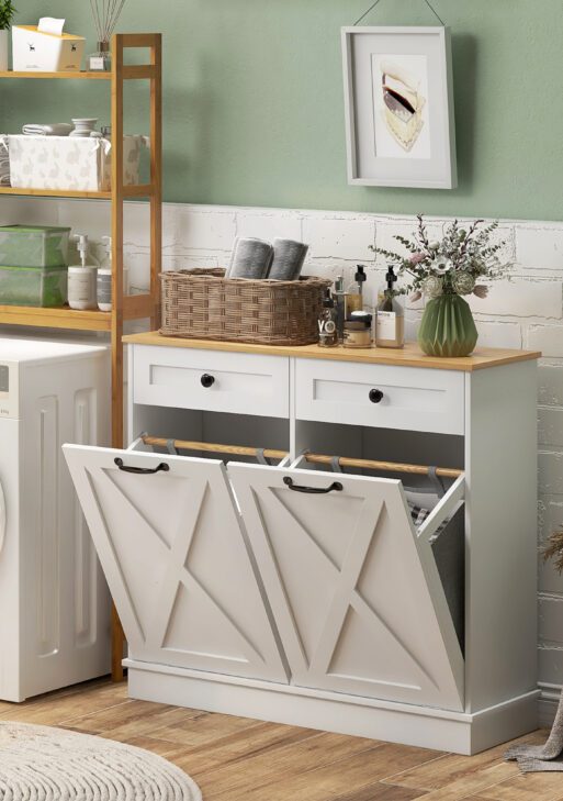 Tilt Out Laundry Hamper Cabinet, Bathroom Storage Cabinet with 2 Removable Baskets and 2 Drawers, White